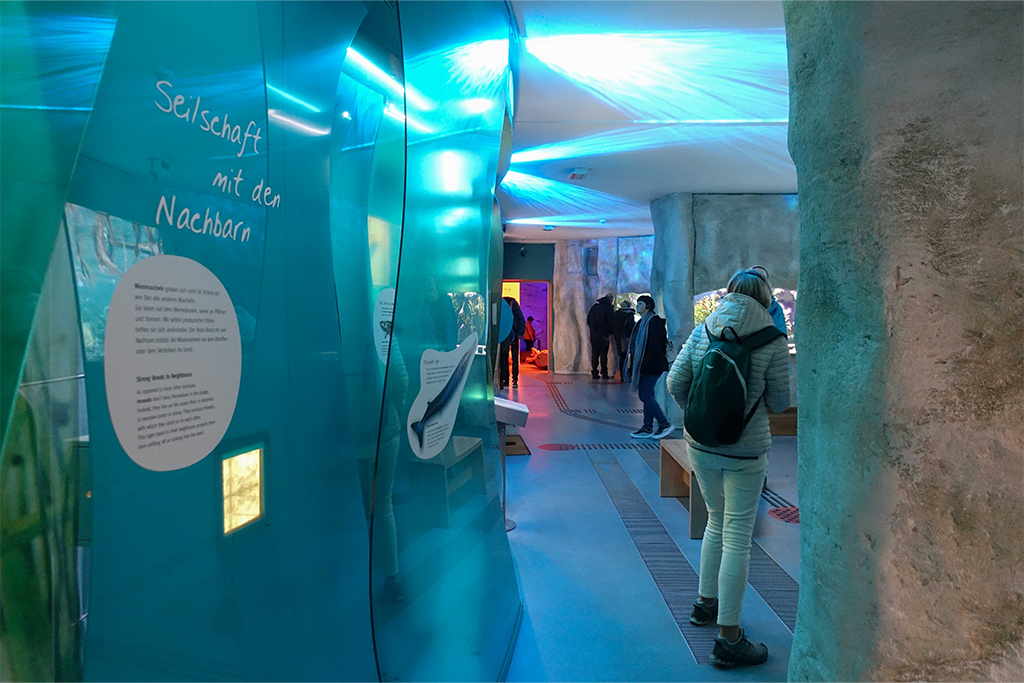 Beleuchtetes Plexiglas und Wasserwellenprojektionen an Decke